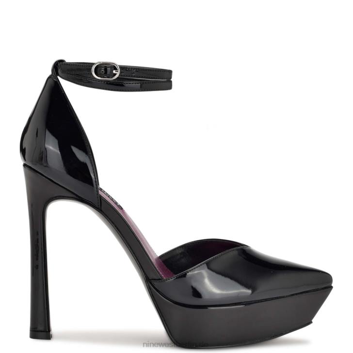 Nine West RR2J1326Linda Knöchelwickel-Plateaupumps schwarzes Lackleder