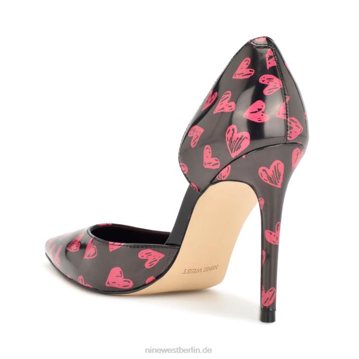 Nine West RR2J1621Spitze Pumps von Folowe d\'Orsay Schwarz/rotes Herz-Print-Lack