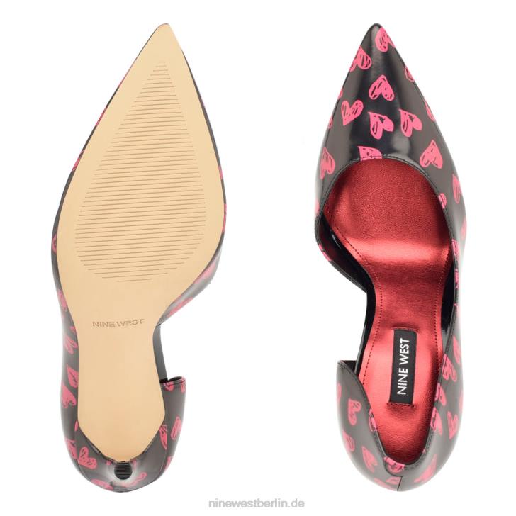 Nine West RR2J1621Spitze Pumps von Folowe d\'Orsay Schwarz/rotes Herz-Print-Lack