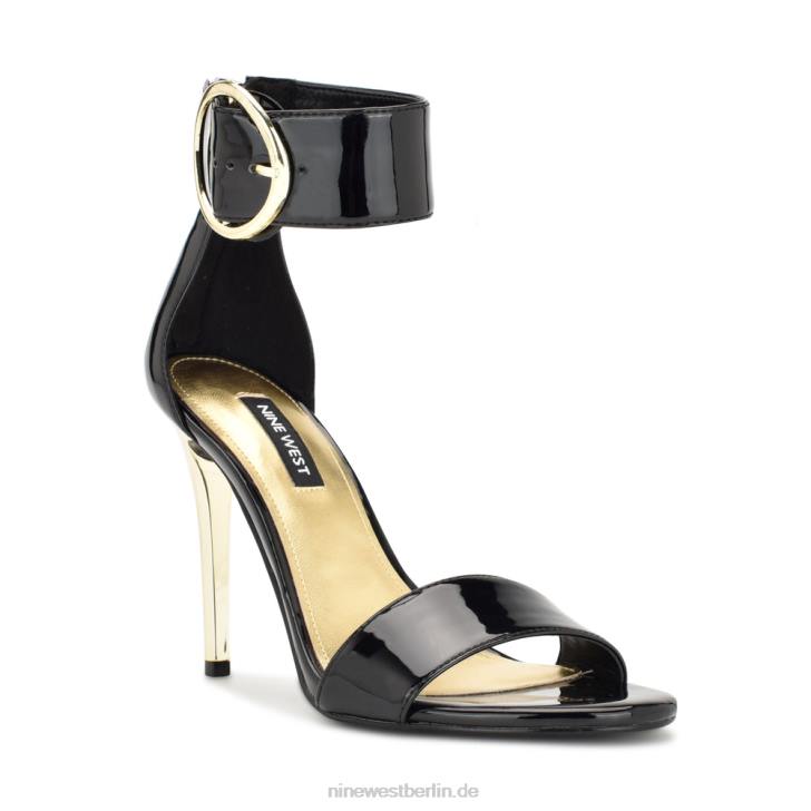 Nine West RR2J1845Mova-Sandalen mit Knöchelriemen und Absatz schwarzes Lackleder