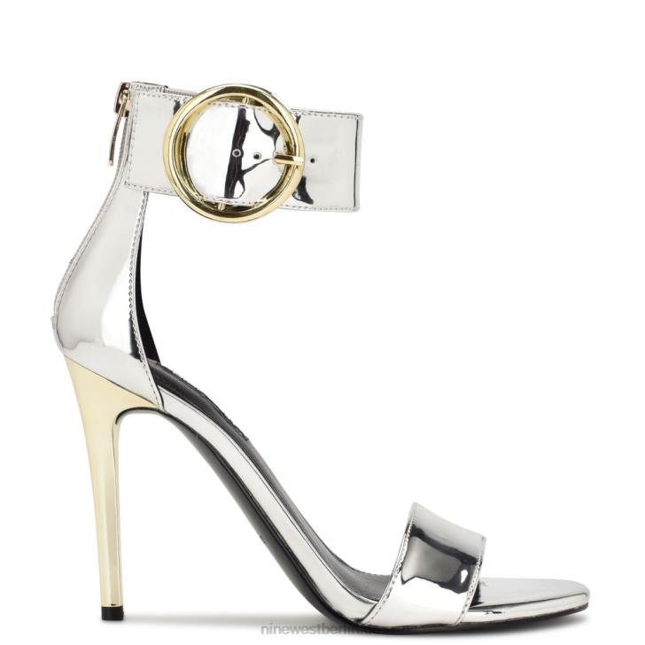 Nine West RR2J439Mova-Sandalen mit Knöchelriemen und Absatz Silberspiegelmetallic