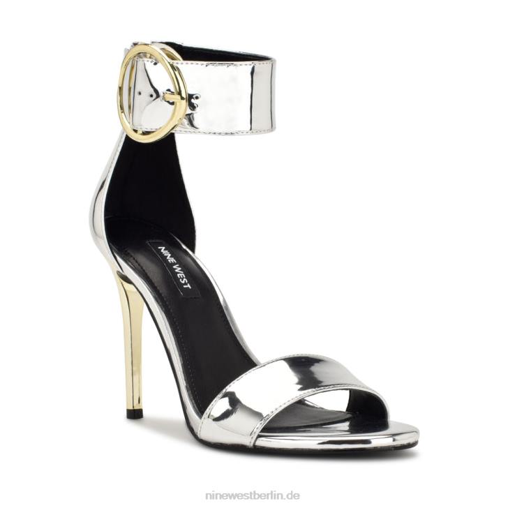 Nine West RR2J439Mova-Sandalen mit Knöchelriemen und Absatz Silberspiegelmetallic