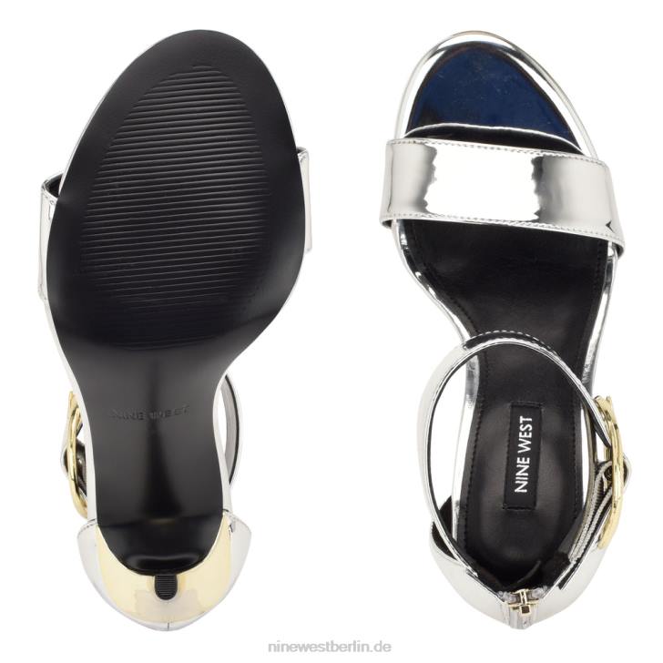 Nine West RR2J439Mova-Sandalen mit Knöchelriemen und Absatz Silberspiegelmetallic